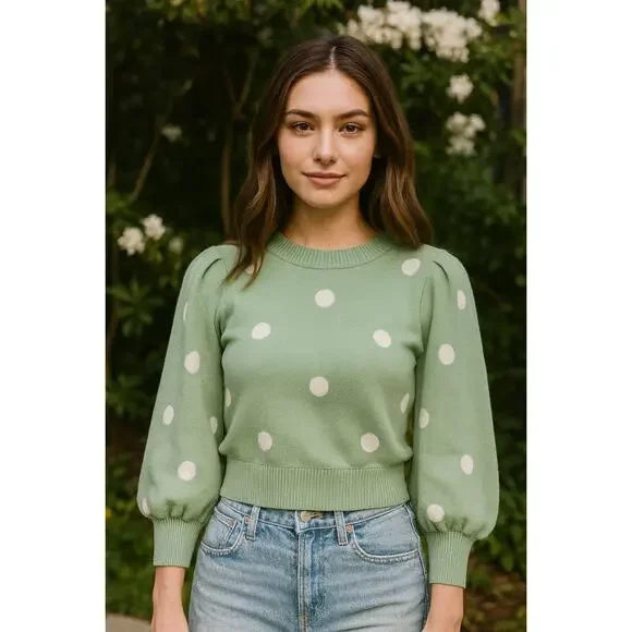 PHILOSOPHY Polka Dot Balloon Sleeve Sweater • Green & White • Size S • Crew Neck - Picture 3 of 5